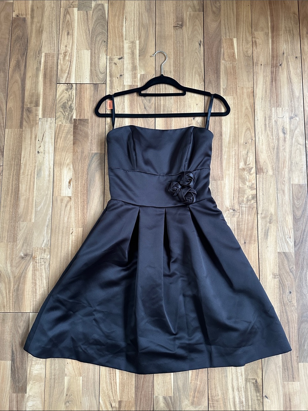 Strapless Black Satin A-Line Dress with Rosette Detail